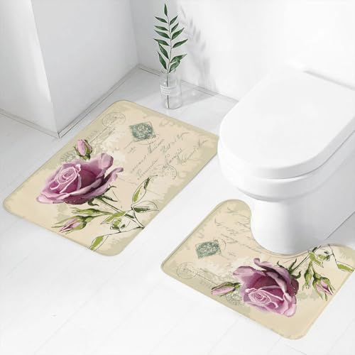 FEHWI Badematten Set 2-teilig, Badematten und WC Vorleger rutschfest & Waschbar,Blumenkunst, eine zarte lila Rose mit antiken Briefmarkenelementen verziert,Luxus Dicke Mikrofaser Badezimmerteppich FEHWI Badematten Set 2-teilig, Badematten und WC Vorleger rutschfest & Waschbar,Blumenkunst, eine zarte lila Rose mit antiken Briefmarkenelementen verziert,Luxus Dicke Mikrofaser Badezimmerteppich von FEHWI