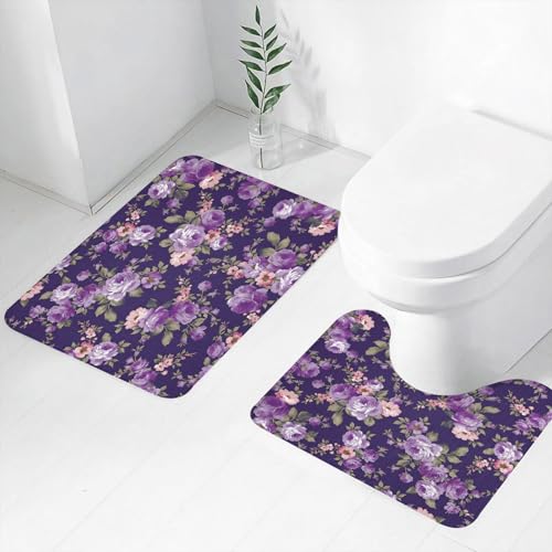 FEHWI Badematten Set 2-teilig, Badematten und WC Vorleger rutschfest & Waschbar,Blumenmuster, lila Rosen und zarte Blumen, Sich wiederholendes Design auf dun,Luxus Dicke Mikrofaser Badezimmerteppich von FEHWI