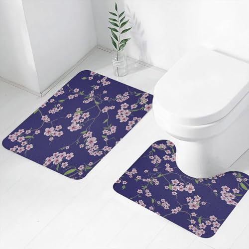 FEHWI Badematten Set 2-teilig, Badematten und WC Vorleger rutschfest & Waschbar,Blumenmuster mit winzigen Blumen auf dunklem Hintergrund.,Luxus Dicke Mikrofaser Badezimmerteppich von FEHWI