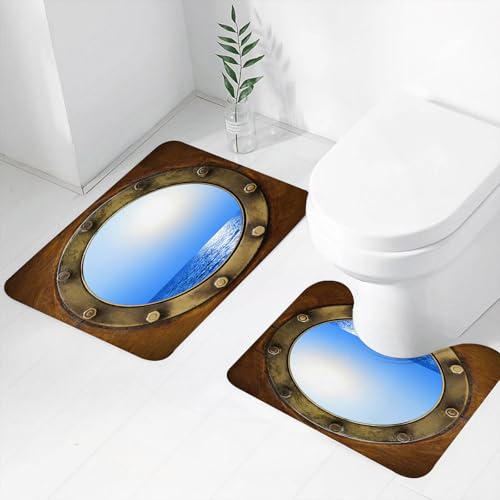FEHWI Badematten Set 2-teilig, Badematten und WC Vorleger rutschfest & Waschbar,Bootsfenster Braun Gold Blau Creme Marine Rot,Luxus Dicke Mikrofaser Badezimmerteppich von FEHWI
