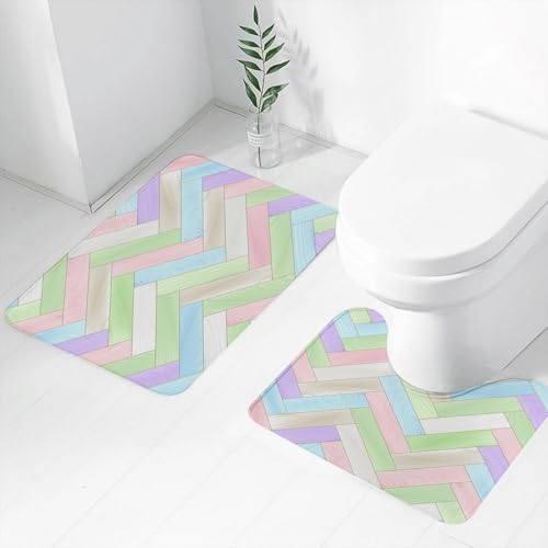 FEHWI Badematten Set 2-teilig, Badematten und WC Vorleger rutschfest & Waschbar,Buntes Fischgrätenmuster aus Holz, EIN hellgrünes, rosa, blaues und Violettes,Luxus Dicke Mikrofaser Badezimmerteppich von FEHWI