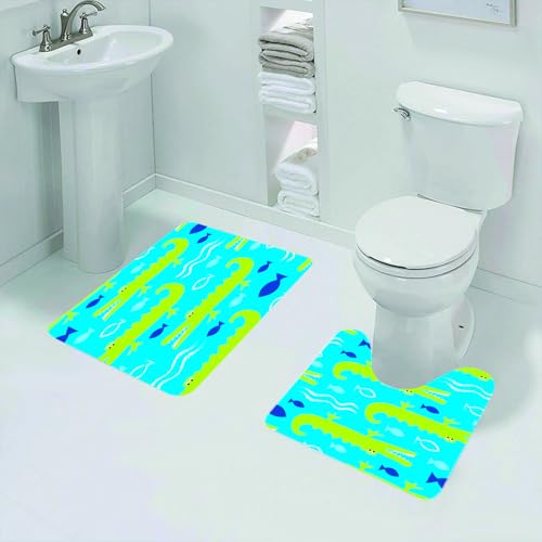 FEHWI Badematten Set 2-teilig, Badematten und WC Vorleger rutschfest & Waschbar,Cartoon, Sich wiederholendes Design aus Grün, Krokodil, blauem Fisch und weiß,Luxus Dicke Mikrofaser Badezimmerteppich von FEHWI