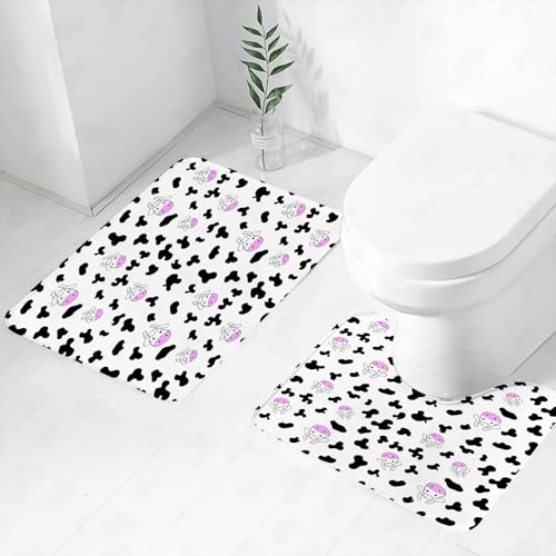 FEHWI Badematten Set 2-teilig, Badematten und WC Vorleger rutschfest & Waschbar,Cartoon, süßes rosa Kalb und Schwarze Flecken wiederholen das Design auf weiß,Luxus Dicke Mikrofaser Badezimmerteppich von FEHWI