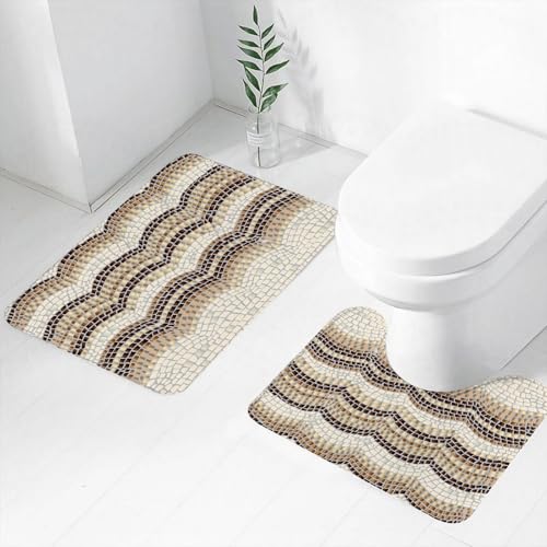 FEHWI Badematten Set 2-teilig, Badematten und WC Vorleger rutschfest & Waschbar,DREI beige und braune Wellen auf hellem Hintergrund imitieren die Form eines,Luxus Dicke Mikrofaser Badezimmerteppich FEHWI Badematten Set 2-teilig, Badematten und WC Vorleger rutschfest & Waschbar,DREI beige und braune Wellen auf hellem Hintergrund imitieren die Form eines,Luxus Dicke Mikrofaser Badezimmerteppich von FEHWI