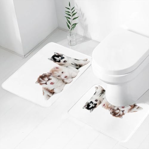 FEHWI Badematten Set 2-teilig, Badematten und WC Vorleger rutschfest & Waschbar,DREI süße kleine sibirische Welpen Blaue Augen Bild Dekoration,Luxus Dicke Mikrofaser Badezimmerteppich von FEHWI