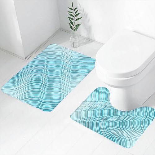 FEHWI Badematten Set 2-teilig, Badematten und WC Vorleger rutschfest & Waschbar,Das Muster aus geschwungenen Wellenlinien in einem blauen Thema im abstrakten,Luxus Dicke Mikrofaser Badezimmerteppich von FEHWI