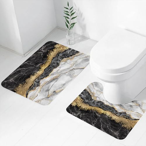 FEHWI Badematten Set 2-teilig, Badematten und WC Vorleger rutschfest & Waschbar,Dekoratives Marmormuster aus schwarz-weißem Marmor und Goldfolie mit künstlic,Luxus Dicke Mikrofaser Badezimmerteppich von FEHWI