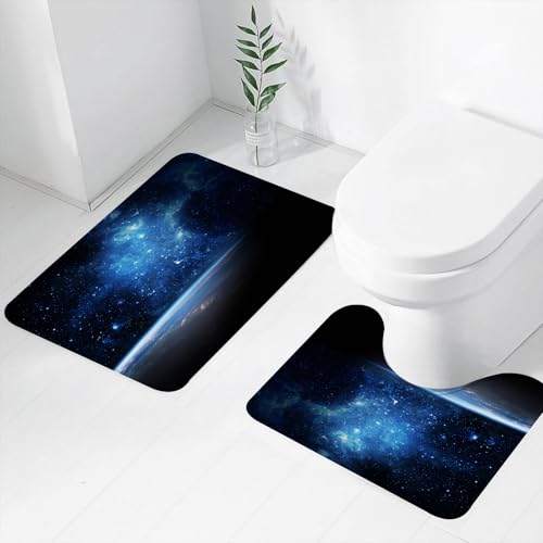 FEHWI Badematten Set 2-teilig, Badematten und WC Vorleger rutschfest & Waschbar,Die Erde unter Einer glitzernd blauen Galaxie in den Weiten des Weltraums,Luxus Dicke Mikrofaser Badezimmerteppich von FEHWI
