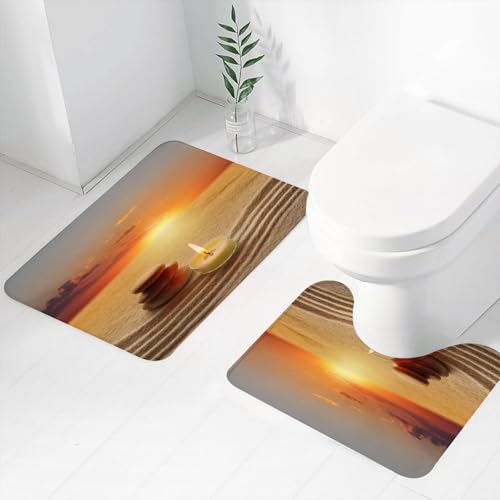 FEHWI Badematten Set 2-teilig, Badematten und WC Vorleger rutschfest & Waschbar,Die Ruhe des Sonnenuntergangs, eine Kerze und EIN Stein auf dem sandigen Bode,Luxus Dicke Mikrofaser Badezimmerteppich FEHWI Badematten Set 2-teilig, Badematten und WC Vorleger rutschfest & Waschbar,Die Ruhe des Sonnenuntergangs, eine Kerze und EIN Stein auf dem sandigen Bode,Luxus Dicke Mikrofaser Badezimmerteppich von FEHWI