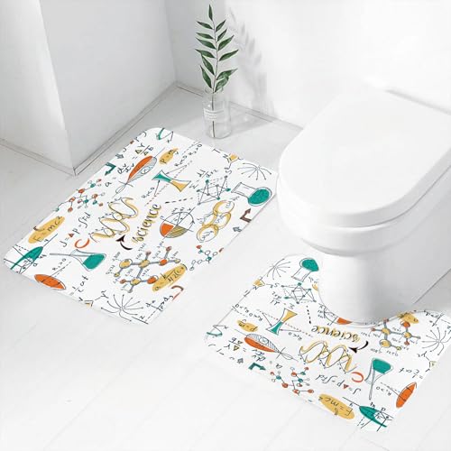 FEHWI Badematten Set 2-teilig, Badematten und WC Vorleger rutschfest & Waschbar,Doodle, Science Lab Objekte Bildung Themen Sign1,Luxus Dicke Mikrofaser Badezimmerteppich von FEHWI