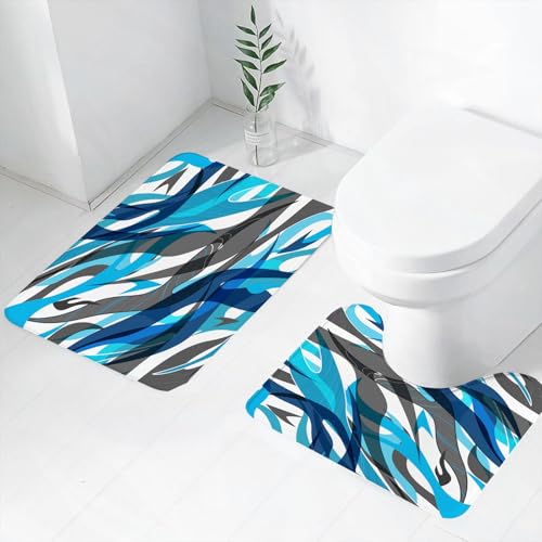 FEHWI Badematten Set 2-teilig, Badematten und WC Vorleger rutschfest & Waschbar,Dynamische abstrakte Muster in Blau, Weiß und Grau, Design und gewundene farb,Luxus Dicke Mikrofaser Badezimmerteppich von FEHWI