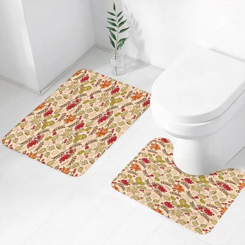 FEHWI Badematten Set 2-teilig, Badematten und WC Vorleger rutschfest & Waschbar,Eberesche, gemischtes Herbstmotivmuster mit Ahorn-Birken,Luxus Dicke Mikrofaser Badezimmerteppich von FEHWI