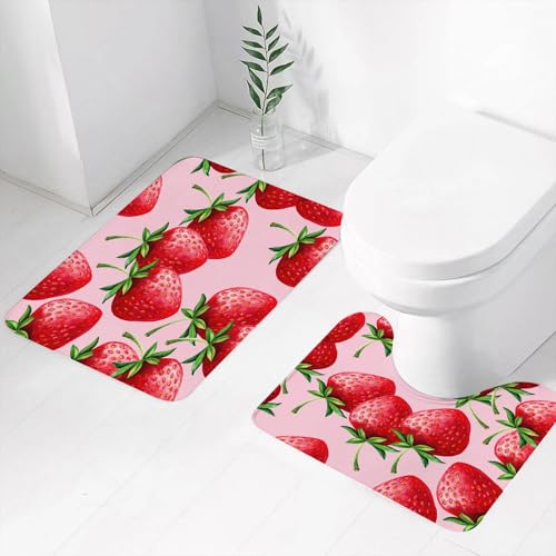 FEHWI Badematten Set 2-teilig, Badematten und WC Vorleger rutschfest & Waschbar,Erdbeeren handgezeichnetes Muster mit rosa Hintergrund,Luxus Dicke Mikrofaser Badezimmerteppich von FEHWI