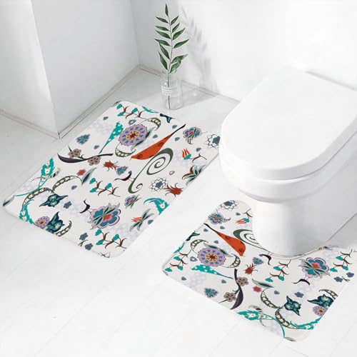 FEHWI Badematten Set 2-teilig, Badematten und WC Vorleger rutschfest & Waschbar,Ethnische, Florale Blüten wirbelt Efeu Knospen Vögel Blätter ethnische Bohemi,Luxus Dicke Mikrofaser Badezimmerteppich von FEHWI