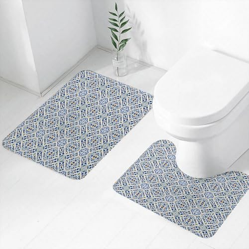 FEHWI Badematten Set 2-teilig, Badematten und WC Vorleger rutschfest & Waschbar,Ethnische portugiesische Azulejo-Fliesen, Blumenmosaik Eur,Luxus Dicke Mikrofaser Badezimmerteppich von FEHWI