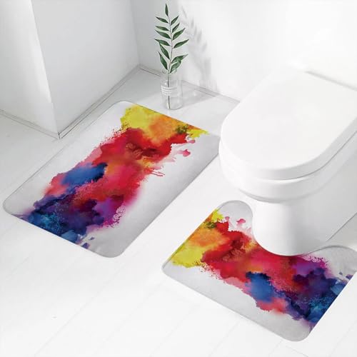 FEHWI Badematten Set 2-teilig, Badematten und WC Vorleger rutschfest & Waschbar,Explosive Aquarellkunst, frei fließende Aquarellmischungen zu Einer Reihe auf,Luxus Dicke Mikrofaser Badezimmerteppich von FEHWI