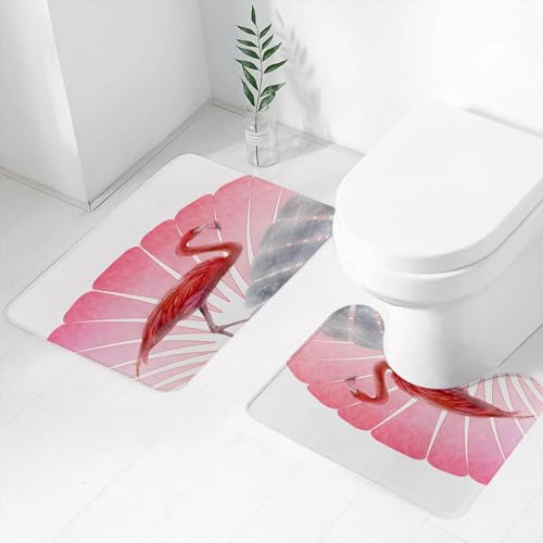 FEHWI Badematten Set 2-teilig, Badematten und WC Vorleger rutschfest & Waschbar,Flamingo im Low-Poly-Stil. Polygonaler Flamingo,Luxus Dicke Mikrofaser Badezimmerteppich von FEHWI