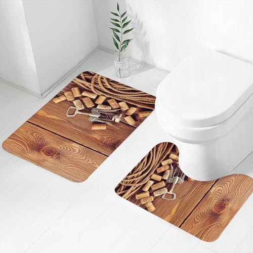 FEHWI Badematten Set 2-teilig, Badematten und WC Vorleger rutschfest & Waschbar,Flaschenöffner und Weinkorken auf verwitterter Holzoberfläche mit gedrehtem S,Luxus Dicke Mikrofaser Badezimmerteppich von FEHWI