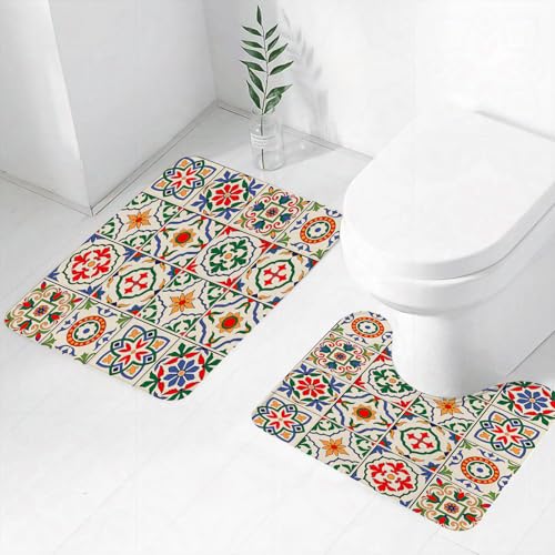 FEHWI Badematten Set 2-teilig, Badematten und WC Vorleger rutschfest & Waschbar,Fliesendekoration mit quadratischen Fliesen mit aufwendigem floralen und geom,Luxus Dicke Mikrofaser Badezimmerteppich FEHWI Badematten Set 2-teilig, Badematten und WC Vorleger rutschfest & Waschbar,Fliesendekoration mit quadratischen Fliesen mit aufwendigem floralen und geom,Luxus Dicke Mikrofaser Badezimmerteppich von FEHWI