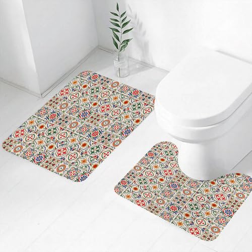 FEHWI Badematten Set 2-teilig, Badematten und WC Vorleger rutschfest & Waschbar,Fliesendekoration mit quadratischen Fliesen mit aufwendigem floralen und geom,Luxus Dicke Mikrofaser Badezimmerteppich von FEHWI