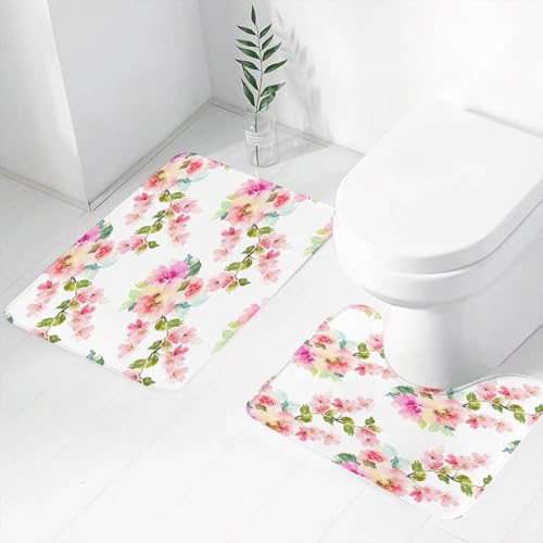 FEHWI Badematten Set 2-teilig, Badematten und WC Vorleger rutschfest & Waschbar,Florale, stilisierte Aquarell-Blütenblätter der Natur im Shabby Chic-Stil in,Luxus Dicke Mikrofaser Badezimmerteppich von FEHWI