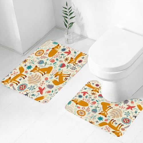 FEHWI Badematten Set 2-teilig, Badematten und WC Vorleger rutschfest & Waschbar,Fuchs von, natürliche Tierwelt Komposition mit Blumen geschmückt mit niedlich,Luxus Dicke Mikrofaser Badezimmerteppich FEHWI Badematten Set 2-teilig, Badematten und WC Vorleger rutschfest & Waschbar,Fuchs von, natürliche Tierwelt Komposition mit Blumen geschmückt mit niedlich,Luxus Dicke Mikrofaser Badezimmerteppich von FEHWI