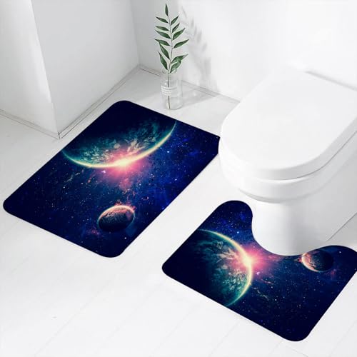 FEHWI Badematten Set 2-teilig, Badematten und WC Vorleger rutschfest & Waschbar,Galaxie Weltraumthema Planet Erde und Mars in Space Discovery,Luxus Dicke Mikrofaser Badezimmerteppich von FEHWI