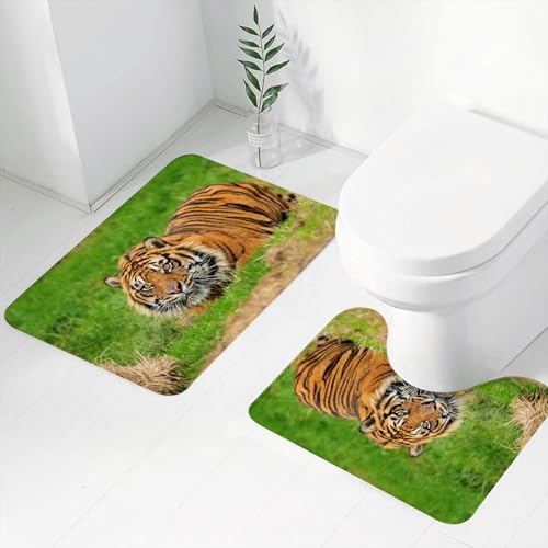 FEHWI Badematten Set 2-teilig, Badematten und WC Vorleger rutschfest & Waschbar,Geheimer Tiger im Gras, wachsamer Blick des Grastigers, Tiger zwischen grünen,Luxus Dicke Mikrofaser Badezimmerteppich von FEHWI