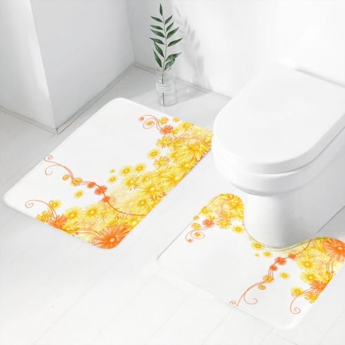 FEHWI Badematten Set 2-teilig, Badematten und WC Vorleger rutschfest & Waschbar,Gelb, Curling Golden Gerbera Blumen Botanischer Druck Efeu Natur Stilisiertes,Luxus Dicke Mikrofaser Badezimmerteppich von FEHWI