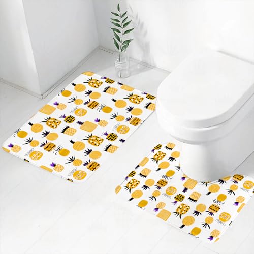 FEHWI Badematten Set 2-teilig, Badematten und WC Vorleger rutschfest & Waschbar,Gelb, Sommer Themen abstrakt Gemustert Ananas Strand Früchte Doodle Style1,Luxus Dicke Mikrofaser Badezimmerteppich von FEHWI