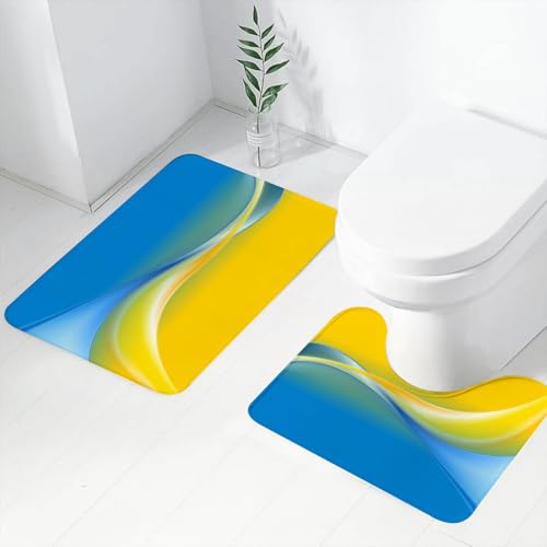 FEHWI Badematten Set 2-teilig, Badematten und WC Vorleger rutschfest & Waschbar,Gelb und Blau, Farbwellen, ukrainische Flagge inspiriert des,Luxus Dicke Mikrofaser Badezimmerteppich von FEHWI