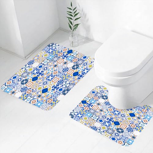 FEHWI Badematten Set 2-teilig, Badematten und WC Vorleger rutschfest & Waschbar,Gelb und Blau, Mosaik portugiesischen Azulejo mediterranen Arabeskeneffekt,Luxus Dicke Mikrofaser Badezimmerteppich von FEHWI