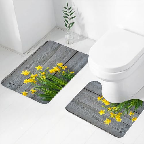 FEHWI Badematten Set 2-teilig, Badematten und WC Vorleger rutschfest & Waschbar,Gelbe Blume, Strauß Narzissen auf Holzbrettern im rustikalen Garten,Luxus Dicke Mikrofaser Badezimmerteppich von FEHWI