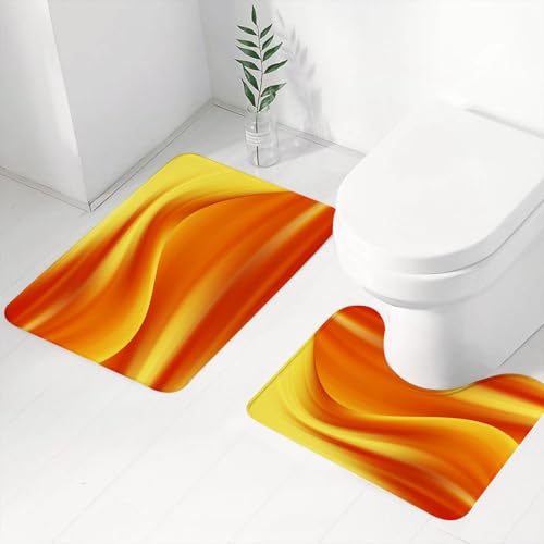 FEHWI Badematten Set 2-teilig, Badematten und WC Vorleger rutschfest & Waschbar,Gelber und orangefarbener Wellenhintergrund. Abstrakte Abbildung,Luxus Dicke Mikrofaser Badezimmerteppich von FEHWI
