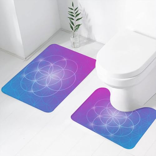 FEHWI Badematten Set 2-teilig, Badematten und WC Vorleger rutschfest & Waschbar,Geometrische Formen, verträumte Blaue und rosafarbene Blumen des Lebens, die,Luxus Dicke Mikrofaser Badezimmerteppich von FEHWI