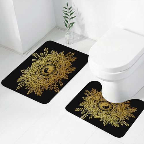 FEHWI Badematten Set 2-teilig, Badematten und WC Vorleger rutschfest & Waschbar,Gold Mandala, Indische Gartenblume in Blätterkrone,Luxus Dicke Mikrofaser Badezimmerteppich von FEHWI
