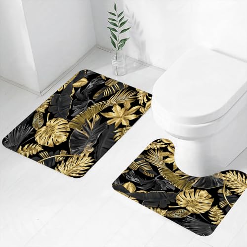 FEHWI Badematten Set 2-teilig, Badematten und WC Vorleger rutschfest & Waschbar,Gold und Schwarz Tropische Blätter auf dunklem Hintergrund,Luxus Dicke Mikrofaser Badezimmerteppich von FEHWI