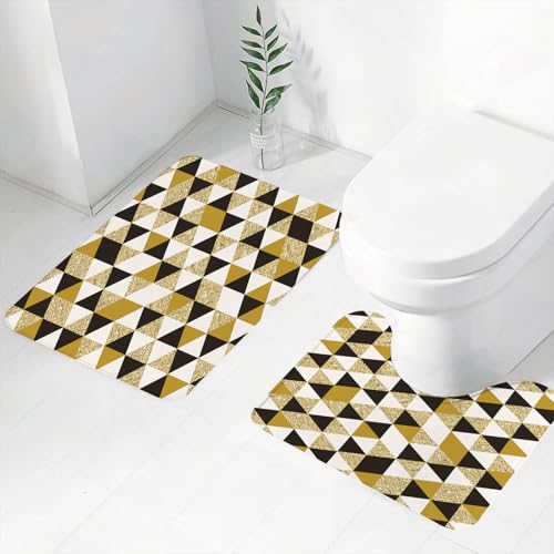 FEHWI Badematten Set 2-teilig, Badematten und WC Vorleger rutschfest & Waschbar,Gold und Weiß, Bronze geometrisches Dreiecksmuster in verschiedenen Seiten Bi,Luxus Dicke Mikrofaser Badezimmerteppich von FEHWI