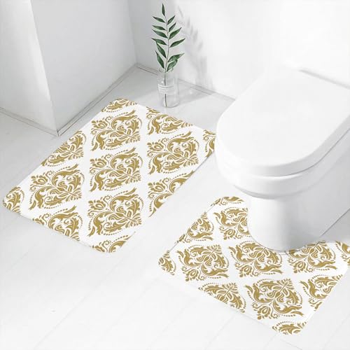 FEHWI Badematten Set 2-teilig, Badematten und WC Vorleger rutschfest & Waschbar,Gold und Weiß, barockes viktorianisches altes Design,Luxus Dicke Mikrofaser Badezimmerteppich von FEHWI