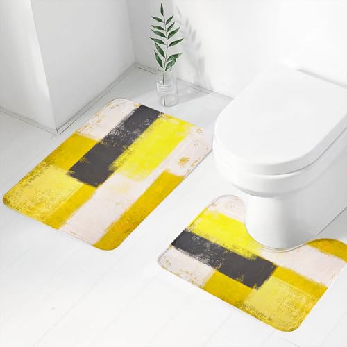 FEHWI Badematten Set 2-teilig, Badematten und WC Vorleger rutschfest & Waschbar,Grau und Gelb, Abstrakter Grunge-Stil Brushstro,Luxus Dicke Mikrofaser Badezimmerteppich von FEHWI