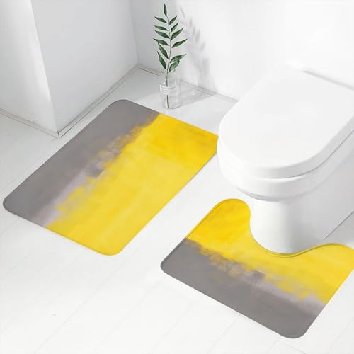 FEHWI Badematten Set 2-teilig, Badematten und WC Vorleger rutschfest & Waschbar,Grau und Gelb, Pin Brush Print Ombre Design Bild,Luxus Dicke Mikrofaser Badezimmerteppich von FEHWI