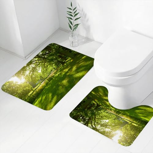 FEHWI Badematten Set 2-teilig, Badematten und WC Vorleger rutschfest & Waschbar,Grün, Sommerpark in Hamburg Deutschland Bäume Sonnenlicht Wald Naturmotiv,Luxus Dicke Mikrofaser Badezimmerteppich von FEHWI