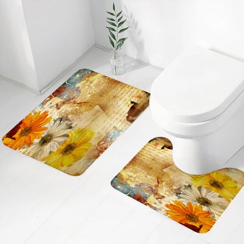 FEHWI Badematten Set 2-teilig, Badematten und WC Vorleger rutschfest & Waschbar,Grunge Blumen und orange gelb Daisy Poesie Schriftzug Kunst g,Luxus Dicke Mikrofaser Badezimmerteppich von FEHWI
