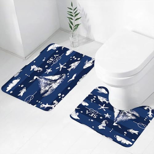 FEHWI Badematten Set 2-teilig, Badematten und WC Vorleger rutschfest & Waschbar,Grunge weißer Stempeldruck Segelboot Anker Fische Möwe auf marineblauem Hinte,Luxus Dicke Mikrofaser Badezimmerteppich von FEHWI