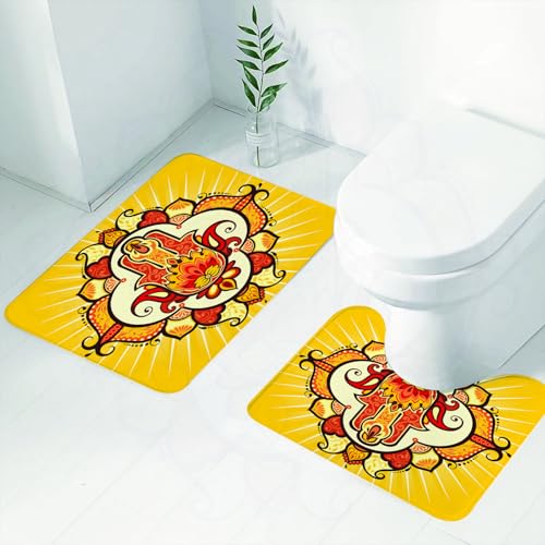 FEHWI Badematten Set 2-teilig, Badematten und WC Vorleger rutschfest & Waschbar,Hamsa, ethnisches, von der Sonne inspiriertes Design, Aura-Energie-Yoga-Mantr,Luxus Dicke Mikrofaser Badezimmerteppich von FEHWI