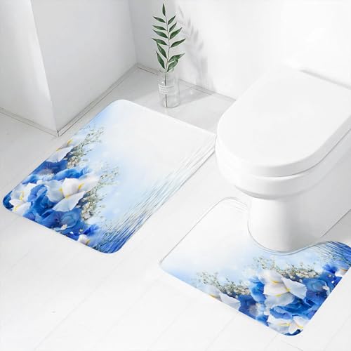 FEHWI Badematten Set 2-teilig, Badematten und WC Vorleger rutschfest & Waschbar,Hellblau, Blaue Hortensien und weiße Schwertlilien über dem Meer Ro,Luxus Dicke Mikrofaser Badezimmerteppich von FEHWI