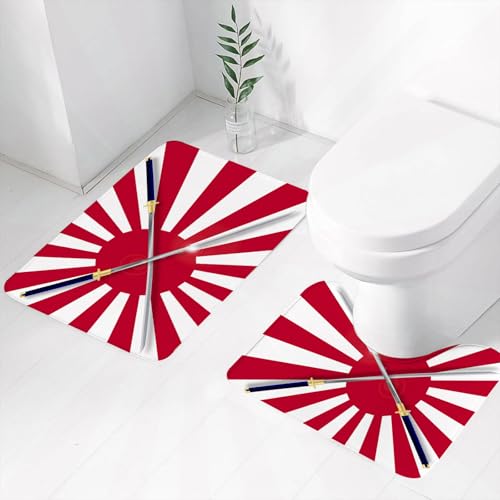 FEHWI Badematten Set 2-teilig, Badematten und WC Vorleger rutschfest & Waschbar,Japanisch, Rising Sun inspirierte Zwei Lange symbolische japanische Flagge,Luxus Dicke Mikrofaser Badezimmerteppich von FEHWI