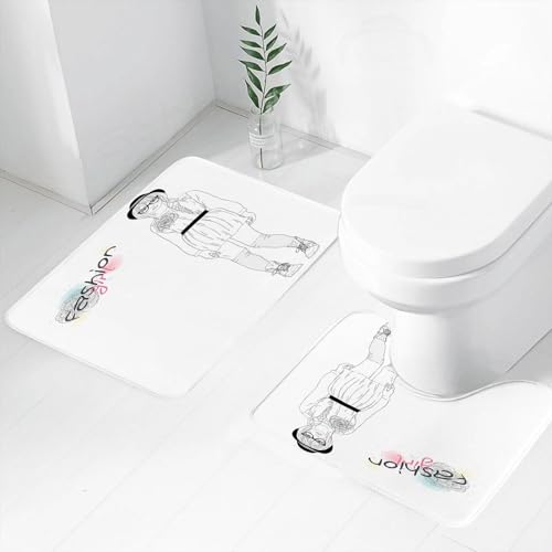 FEHWI Badematten Set 2-teilig, Badematten und WC Vorleger rutschfest & Waschbar,Junges Model-Mädchen mit Hut und weißer Brille, Mode - Mädchen, modebewusstes,Luxus Dicke Mikrofaser Badezimmerteppich von FEHWI
