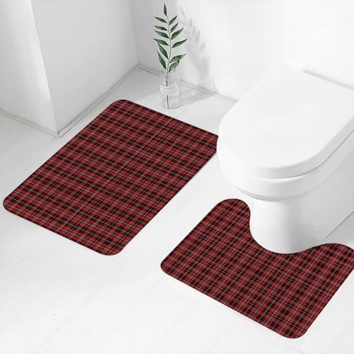 FEHWI Badematten Set 2-teilig, Badematten und WC Vorleger rutschfest & Waschbar,Kariertes Gitter, klassisches rot-schwarzes Gitter, das Sich überschneidet un,Luxus Dicke Mikrofaser Badezimmerteppich von FEHWI