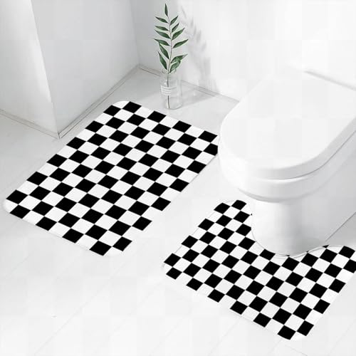 FEHWI Badematten Set 2-teilig, Badematten und WC Vorleger rutschfest & Waschbar,Kariertes Gitter, klassisches schwarz-weißes Schachbrettdesign,Luxus Dicke Mikrofaser Badezimmerteppich von FEHWI